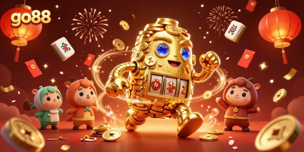 Experience the excitement of go88 with a dynamic scene featuring a golden golem surrounded by festive gaming elements.