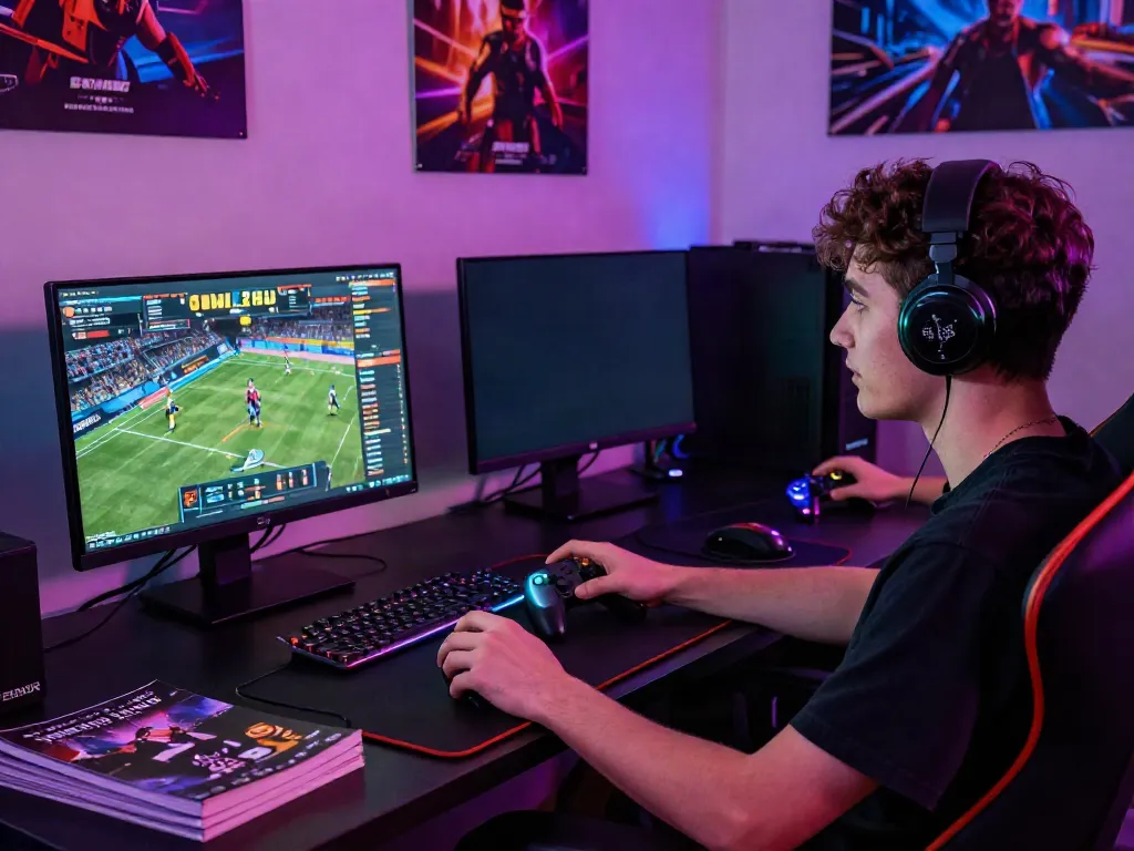 Engaged player in a vibrant online gaming setup focusing on debet sports betting interface.