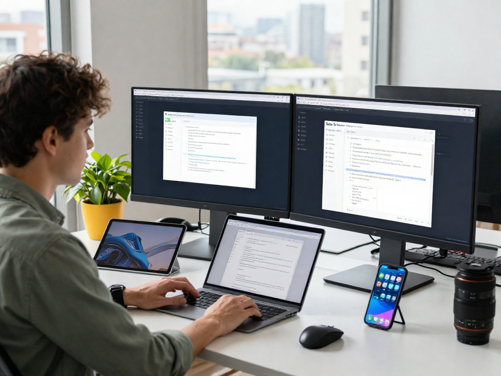 IT professional using ToDesk remote desktop software in a modern workspace.