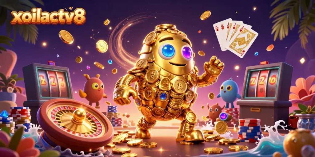 Experience thrilling casino action with xoilactv8's golden golem amidst dynamic gameplay elements.