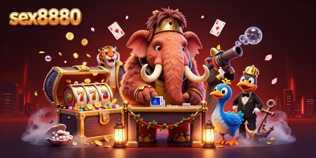 Experience the excitement of sex8880 with vibrant, colorful casino characters at the entry.