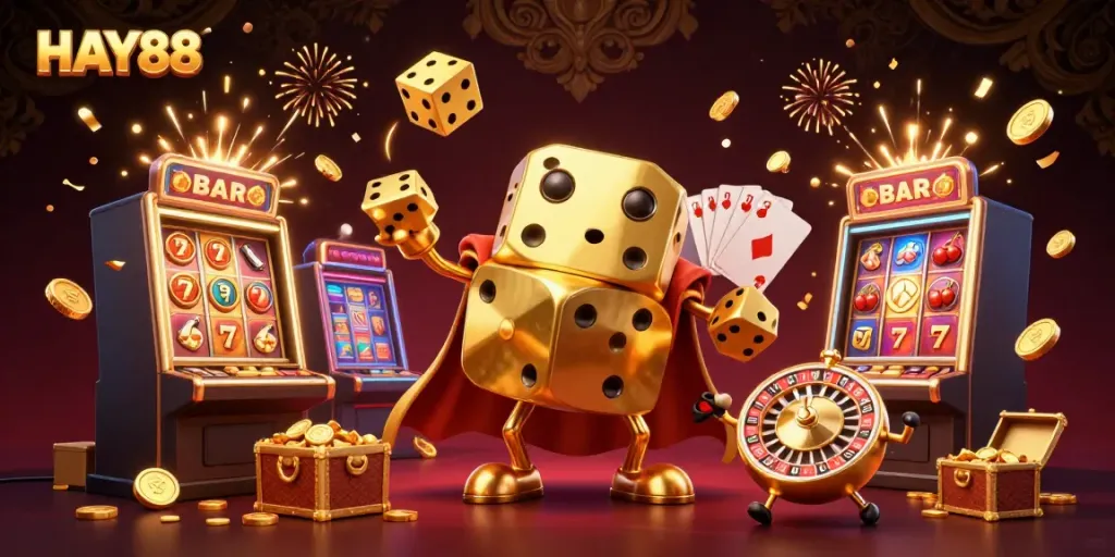 Experience the thrilling world of casino games with HAY88's vibrant 3D illustration of a magical dice golem and jackpots.