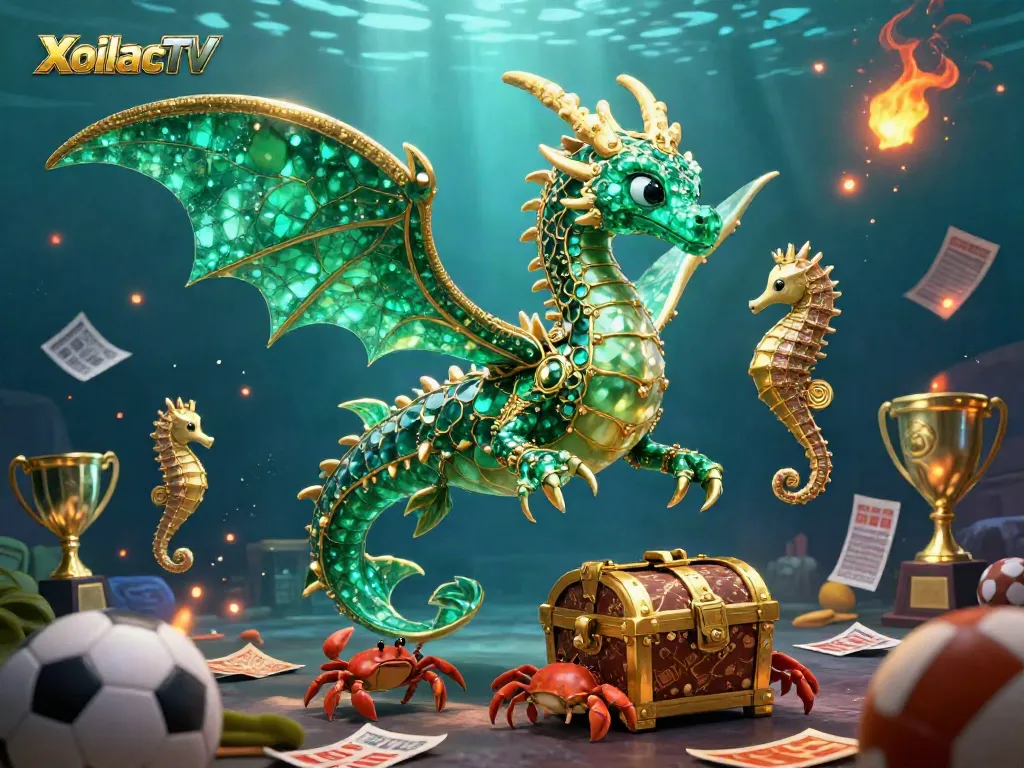 XoilacTV enhances betting excitement with a vibrant underwater scene featuring a dragon and sports elements.