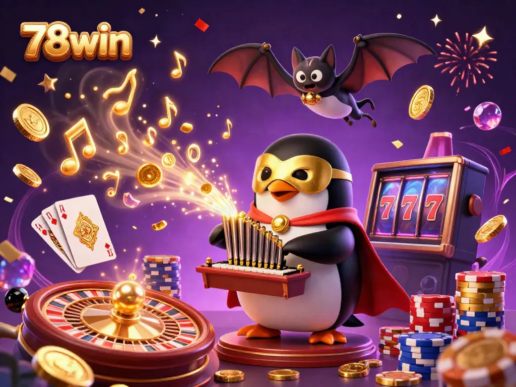 Experience the exhilarating 78win casino with a penguin organist and a dynamic gaming atmosphere.