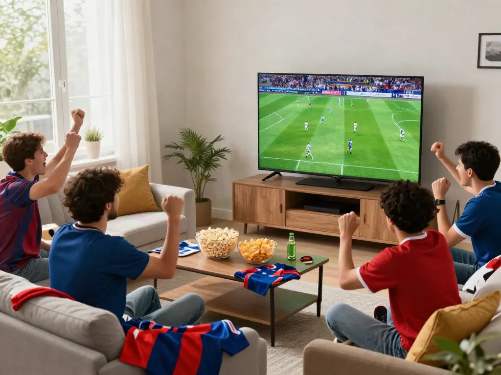 Fans enjoying a thrilling football match while watching Thapcamtv in a cozy living room.
