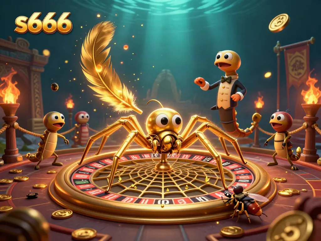 Bet on exciting casino games with s666 as a golden spider spins a roulette web.