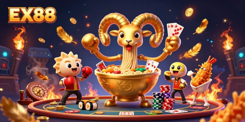 Take strategic bets at EX88 with dynamic card dealing characters and festive casino elements.