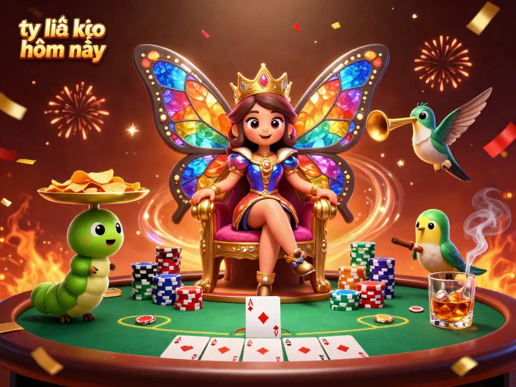 Betting on tỷ lệ kèo nhà cái hôm nay with a vibrant 3D butterfly queen and dynamic poker elements.
