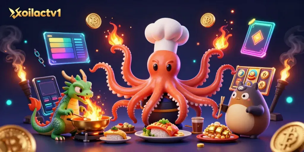 xoilactv1 brings vibrant casino energy with an octopus chef, dragon, and tanuki in a dynamic scene.