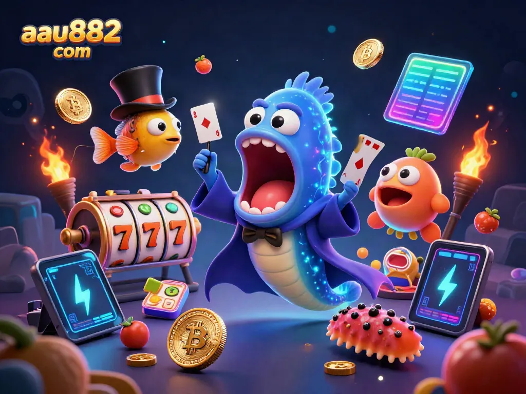 Engage in thrilling jackpots at aau882 com with a 3D eel magician performing card tricks amid vibrant casino symbols.