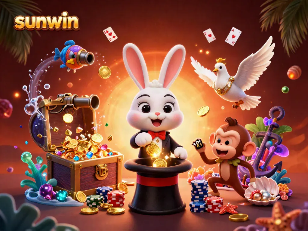 Experience the magic of sunwin with a vibrant casino scene featuring playful characters and sparkling treasures.