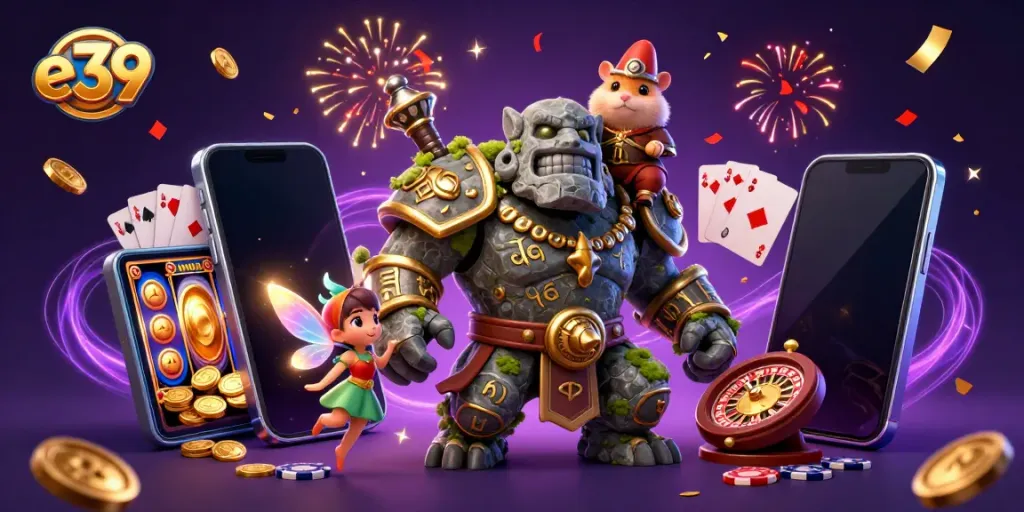 Spin the reels at e39 with the magical golem, fairy, and hamster knight bringing fortune!