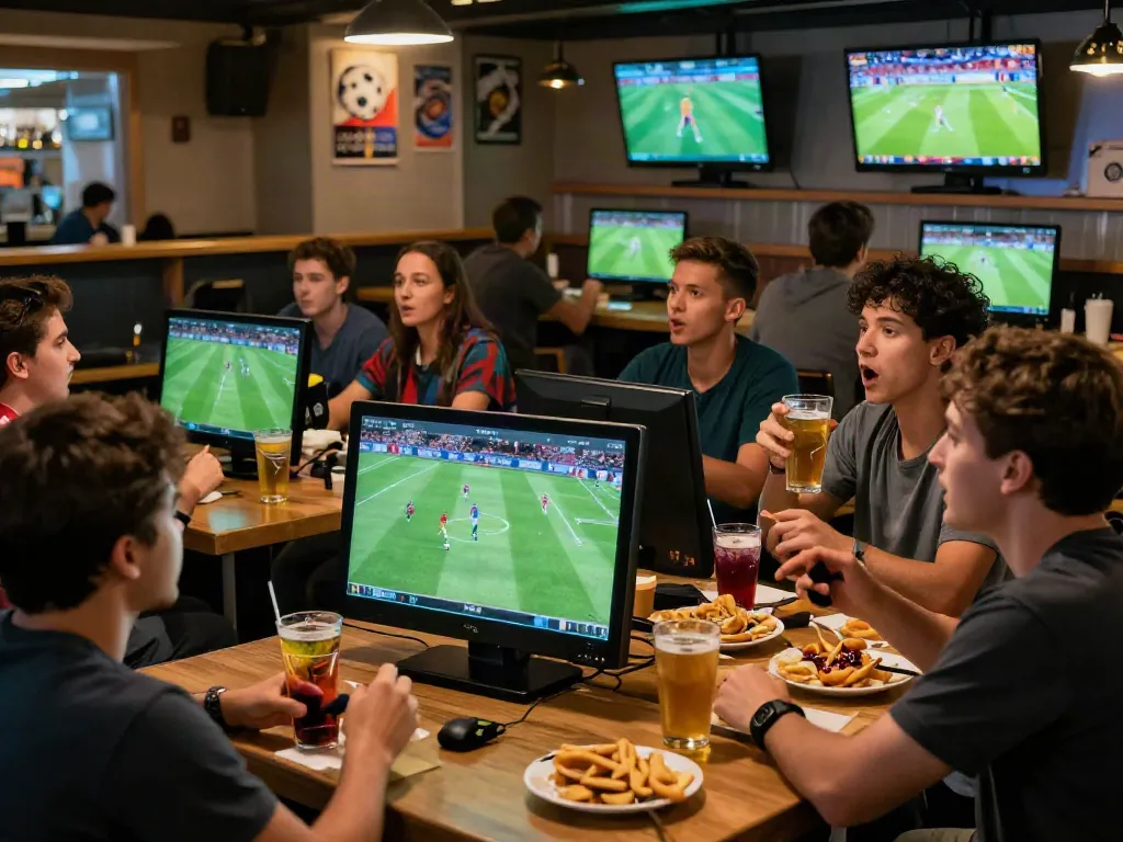 Socolive fans enjoying live football at a modern sports bar, surrounded by excitement.