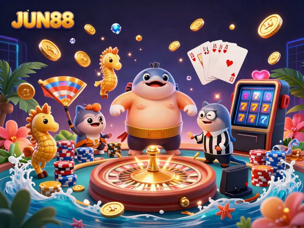 JUN88 underwater casino scene with a fugu, catfish referee, and seahorse spectators amidst flying coins and a roulette wheel.
