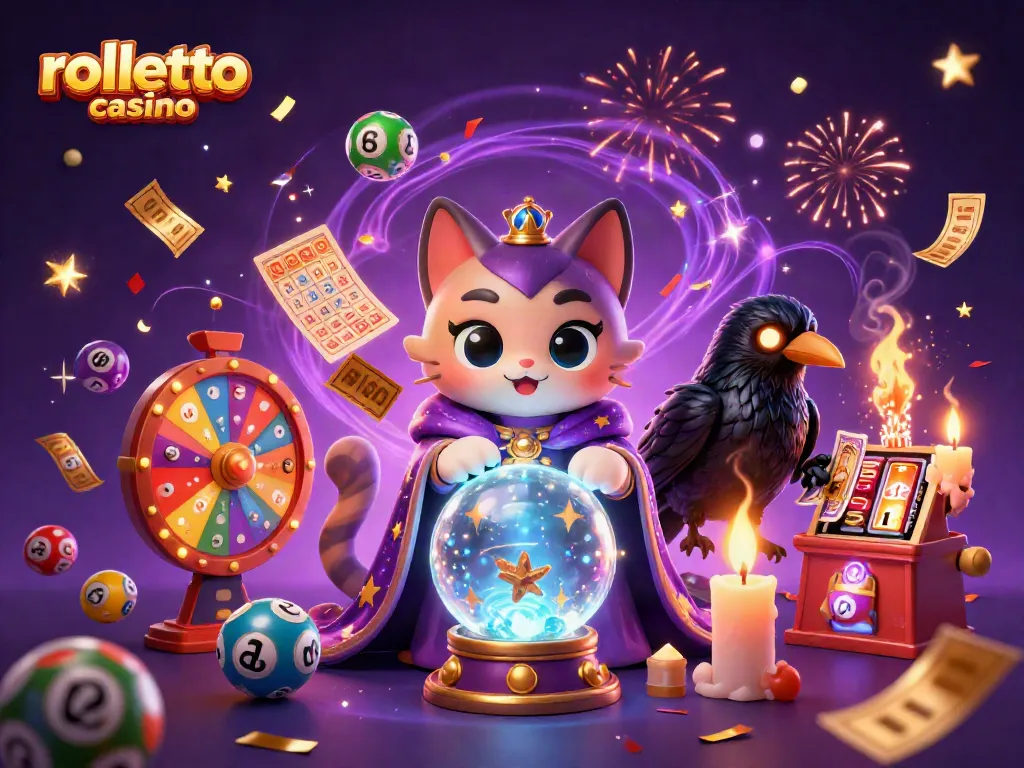 Engage in exciting games at rolletto casino with a magical scene featuring fortune teller cat and glowing raven.