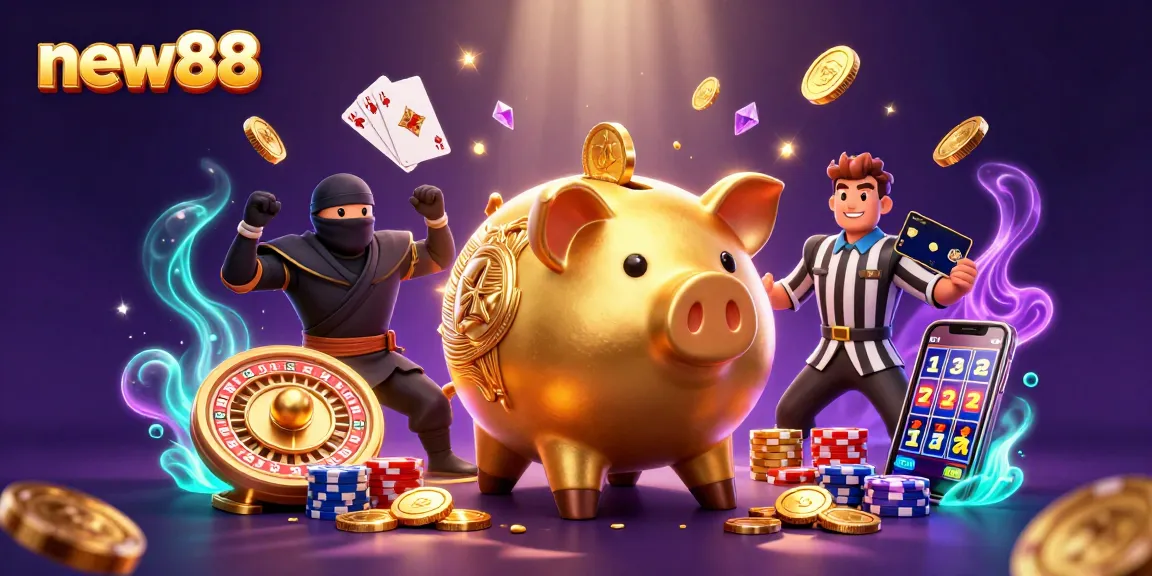 Experience the thrill of new88 with dynamic gaming elements, golden coins, and vibrant casino imagery.