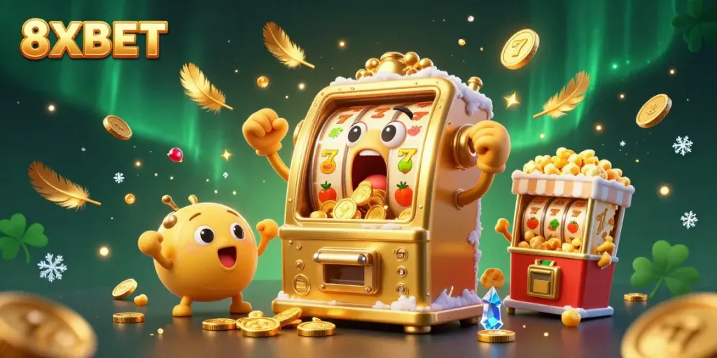 Experience excitement with 8XBET as a golden slot machine hits a jackpot, surrounded by coins and cheering machines.