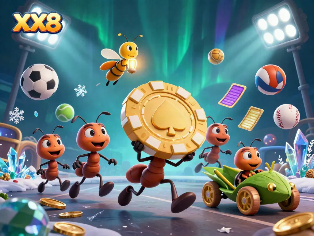 Ants carrying a giant poker chip in an underwater casino scene featuring the keyword XX8, with dynamic sports elements.