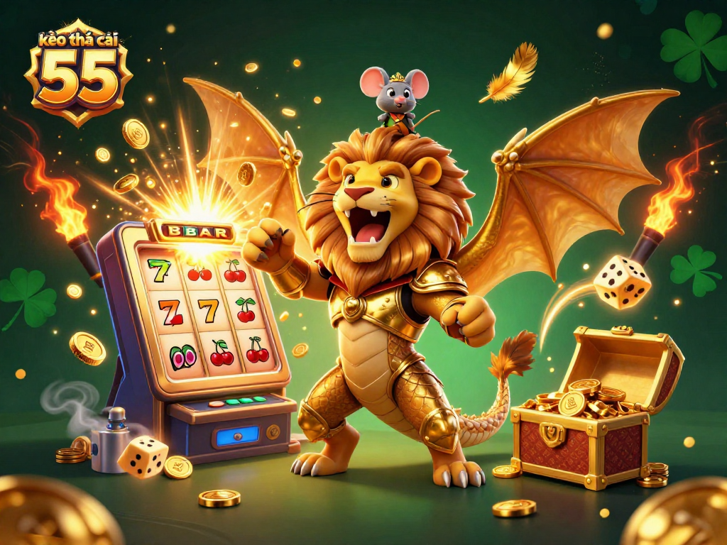Experience the excitement of gaming with kèo nhà cái 55 amidst a vibrant 3D casino scene featuring a chimera creature and a jackpot.