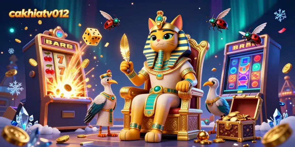 Experience excitement with cakhiatv012 as the Egyptian pharaoh cat reigns amidst jackpot symbols and golden treasures.