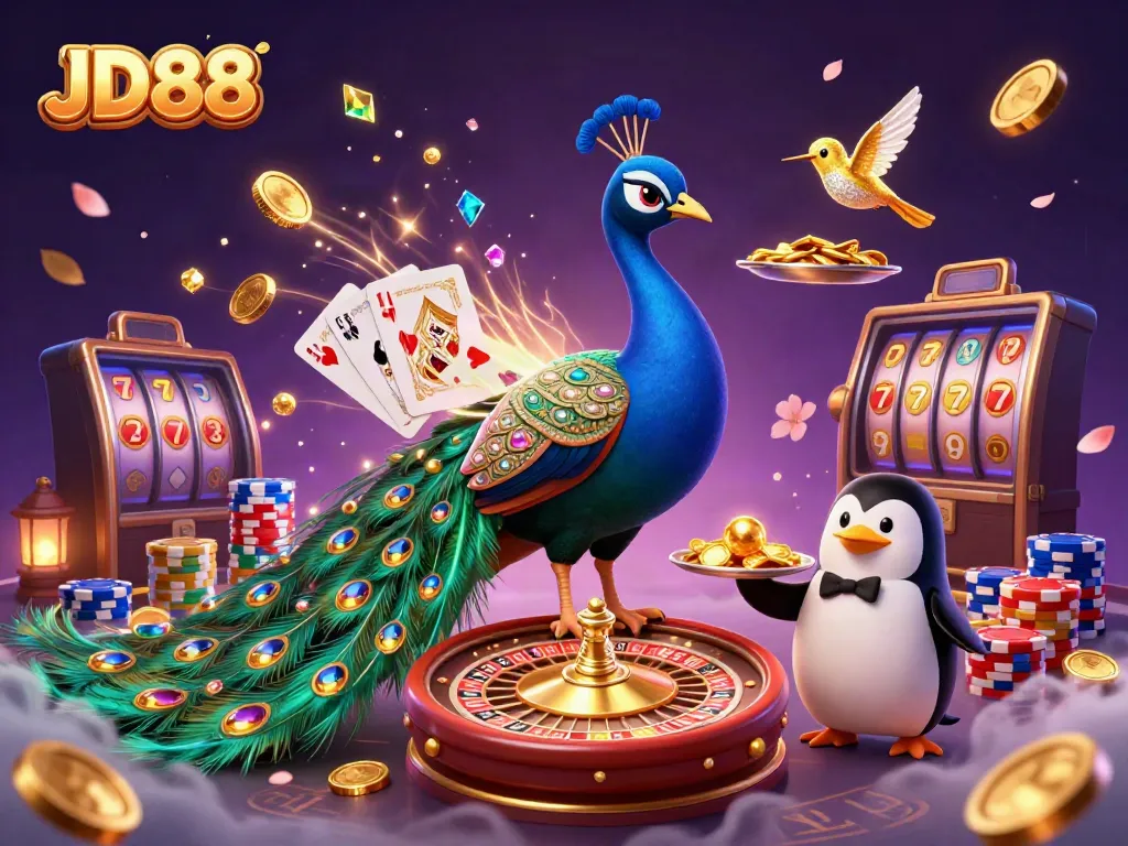 Experience JD88 with a vibrant casino scene featuring a peacock, penguin, and a hummingbird amidst sparkling gambling elements.