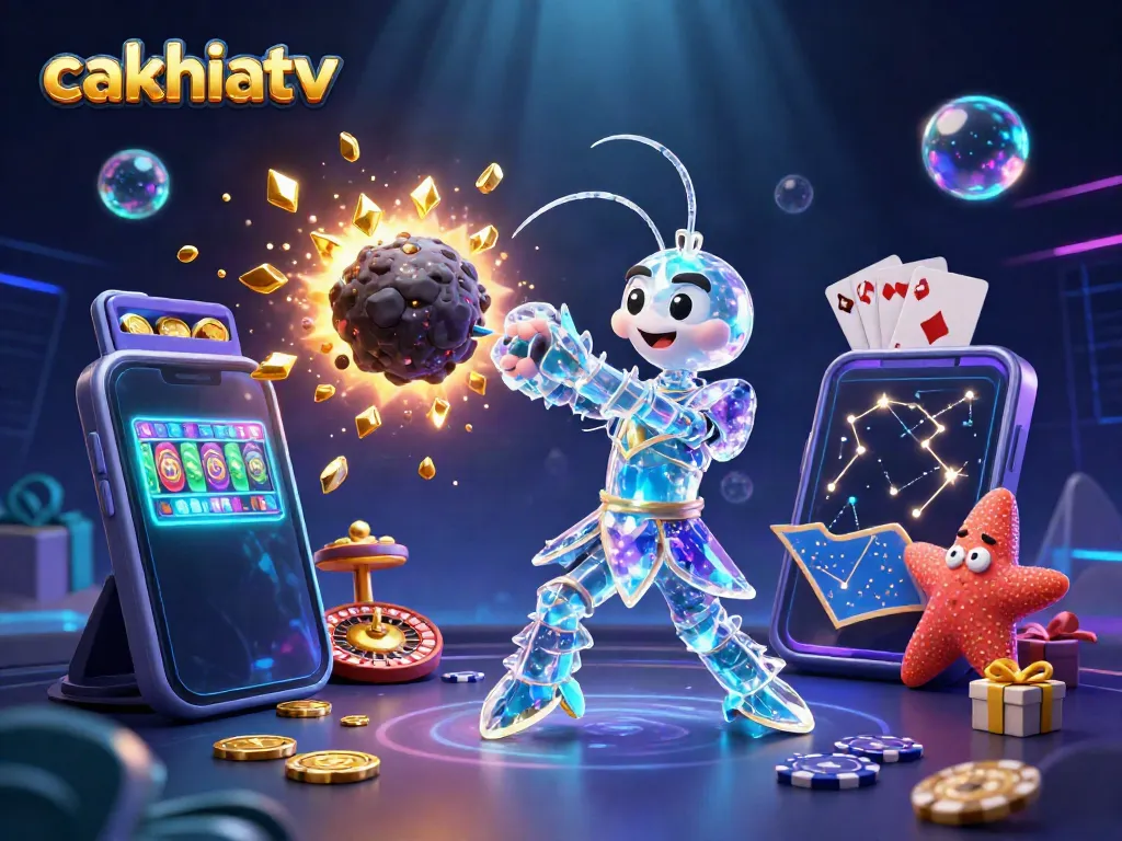 Experience an exciting scene with cakhiatv featuring a galactic mantis shrimp and gold coins amidst vibrant casino elements.