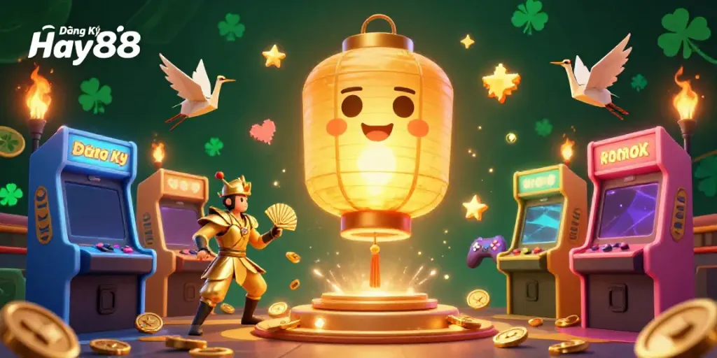 Experience the excitement of Đăng Ký Hay88 with a vibrant 3D casino scene featuring lucky symbols and game elements.