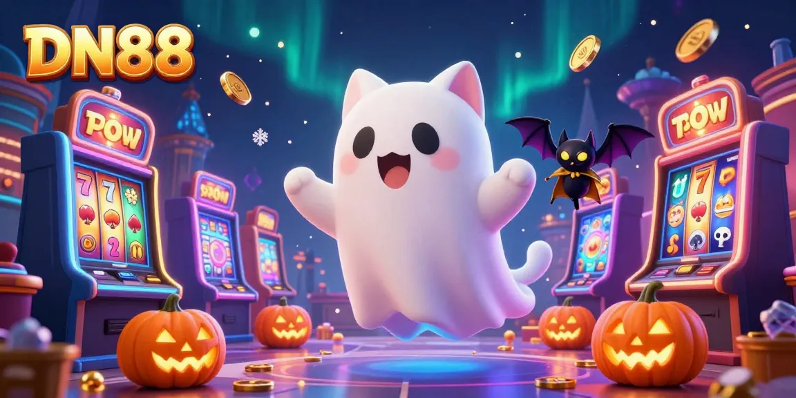 Experience the thrill of DN88 with a 3D illustration of a ghost cat and vampire bat in a vibrant casino.