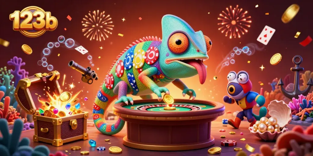 Engage with the colorful chameleon character at 123b casino, surrounded by playful game elements and treasure.
