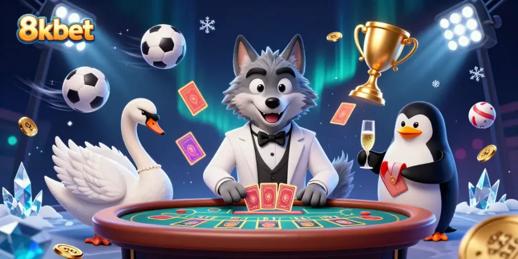 Experience the thrilling world of 8kbet with a vibrant casino scene featuring a wolf, swan, and penguin.