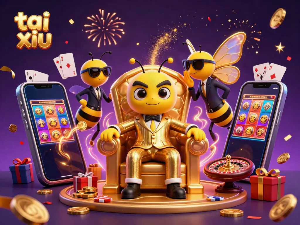 Experience the thrill of tai xiu at a lively casino scene with a charming bee mob boss.