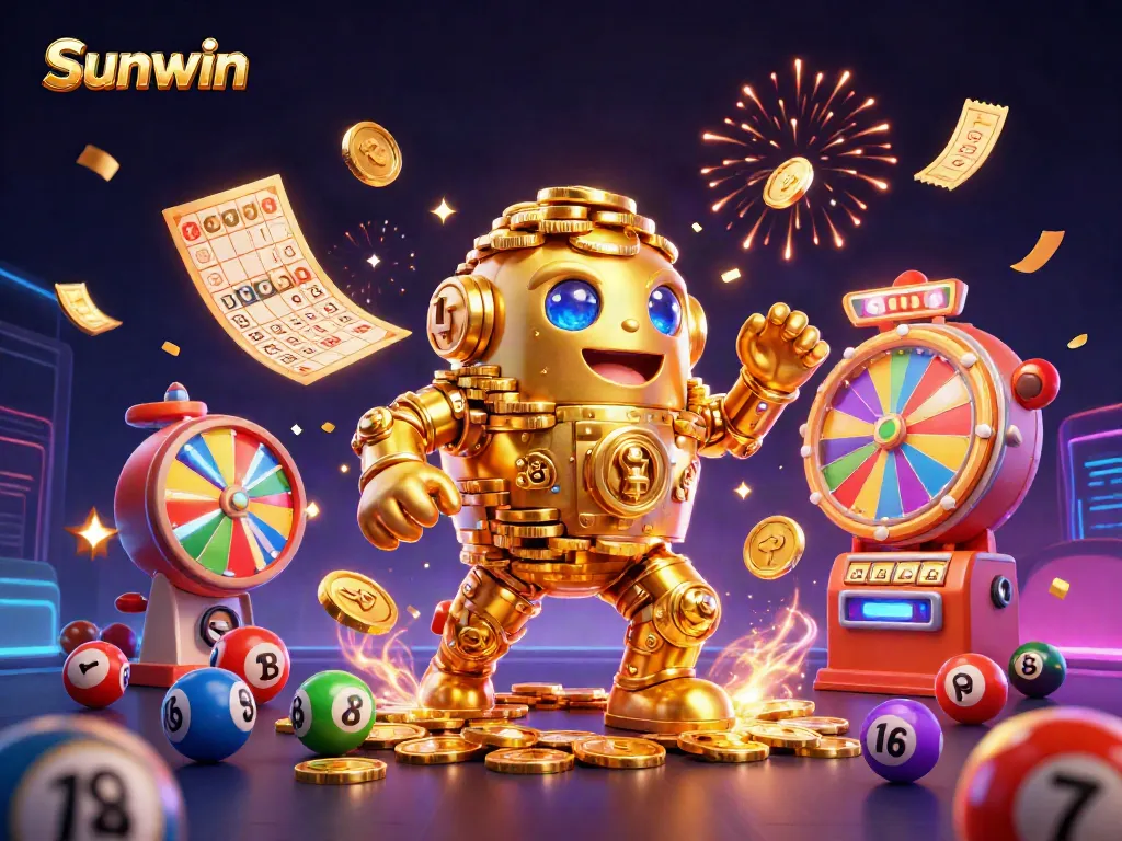 Experience the excitement of Sunwin with dynamic lottery elements in a vibrant 3D illustration.