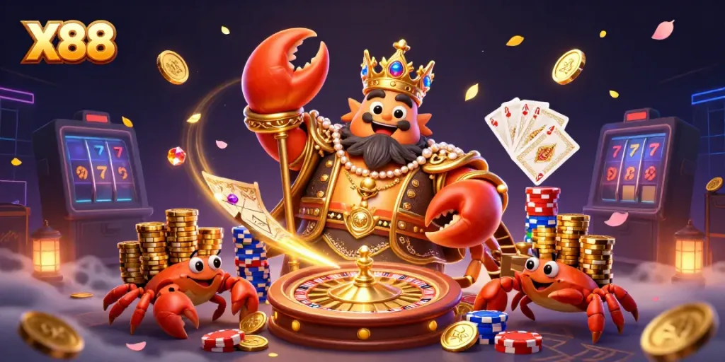 X88's immersive gaming experience with a dynamic golden crab emperor and treasure elements