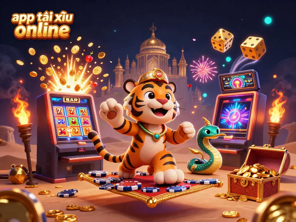 Engage in app tài xỉu online with a vibrant 3D casino scene showcasing thrilling game elements and characters.