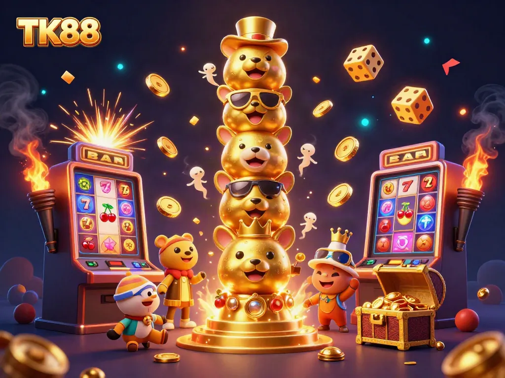 Experience the thrilling world of TK88 through this vibrant casino scene with gold coins and games.