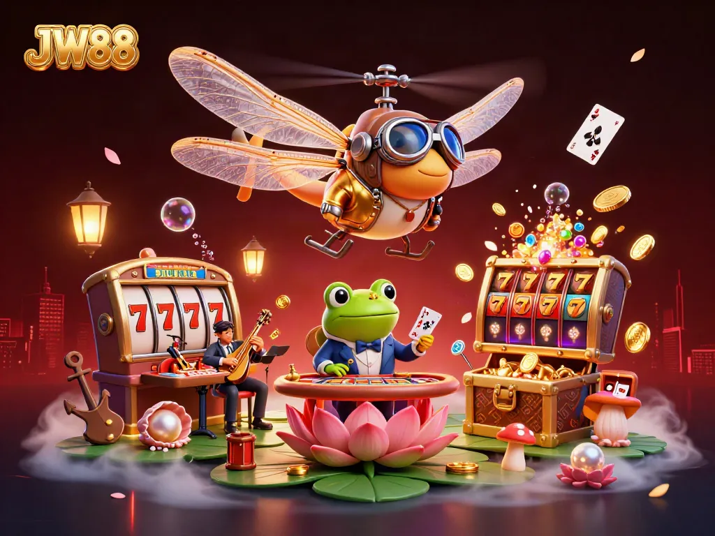 Embark on exciting adventures at JW88 with dynamic scenes featuring a frog croupier, slot reels, and golden treasures.