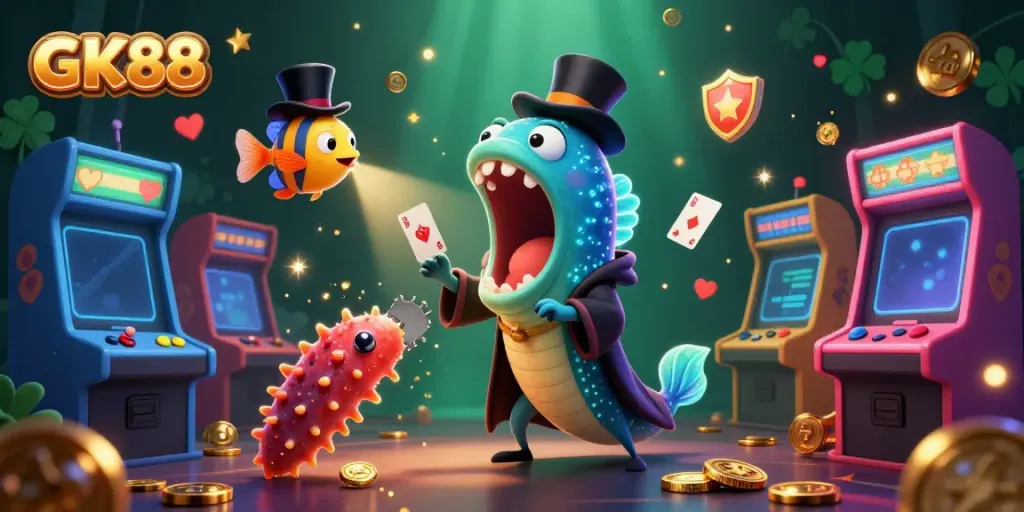 GK88 card tricks performed by bioluminescent eel, anglerfish, and sea cucumber in a dynamic casino setting.
