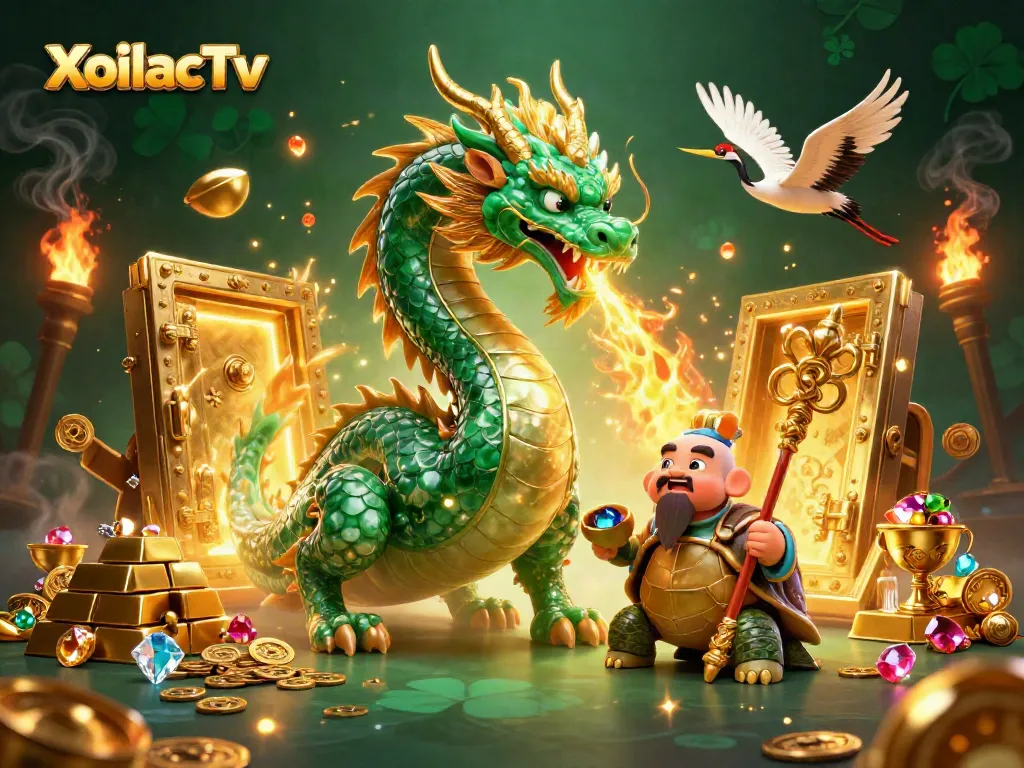 Experience thrilling wins at XoilacTv with an emerald dragon and treasure-filled scene bursting with gems.