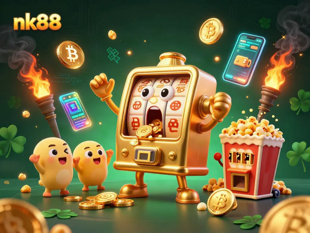 Win big with nk88 at this vibrant digital casino illustration featuring golden slot machines.