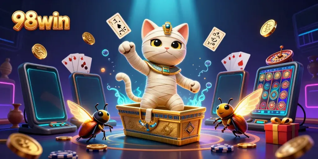 Experience the excitement at 98win with a vivid scene featuring a mummy cat and glowing elements in a casino setting.