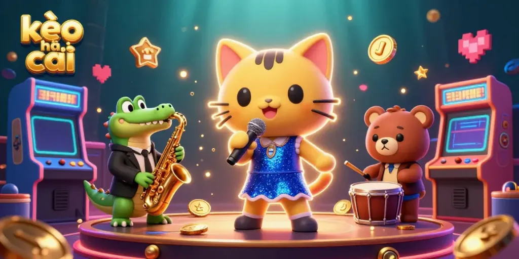 Engaging kèo nhà cái illustration with a jazz-singer cat, saxophone crocodile, and drum-playing bear in a vibrant casino setting.