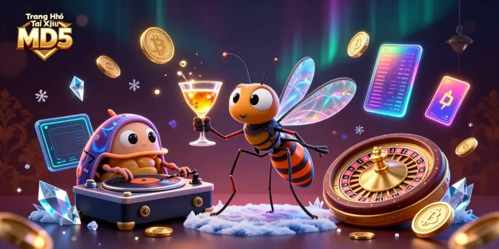 Engaging scene of Trang Chủ Tài Xỉu MD5 with vibrant casino-themed elements, showcasing a unique casino mascot and interactive gaming features.