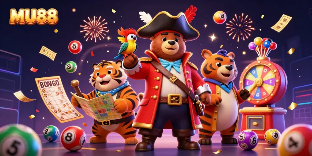 Engage in exciting games at MU88 with colorful lottery balls and vibrant casino elements around a pirate bear.
