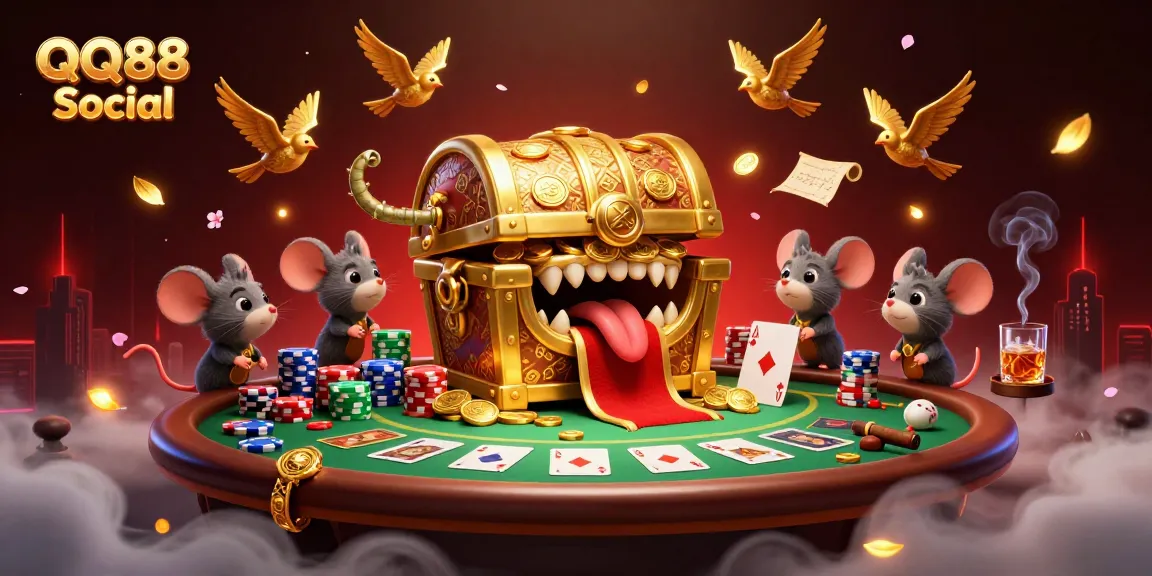 Engage with QQ88 Social's energetic card scene featuring poker elements and vibrant characters.