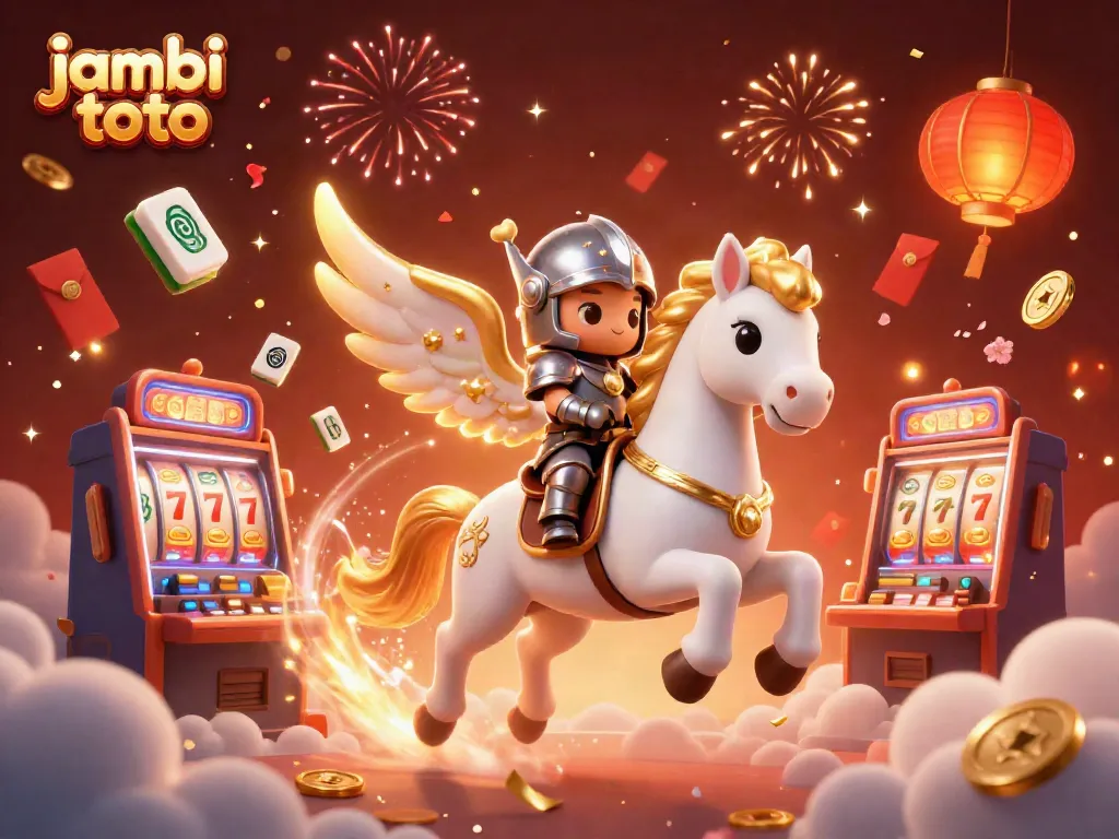 Experience vibrant gaming with jambi toto, featuring a magical scene of a celestial horse and slot machines.