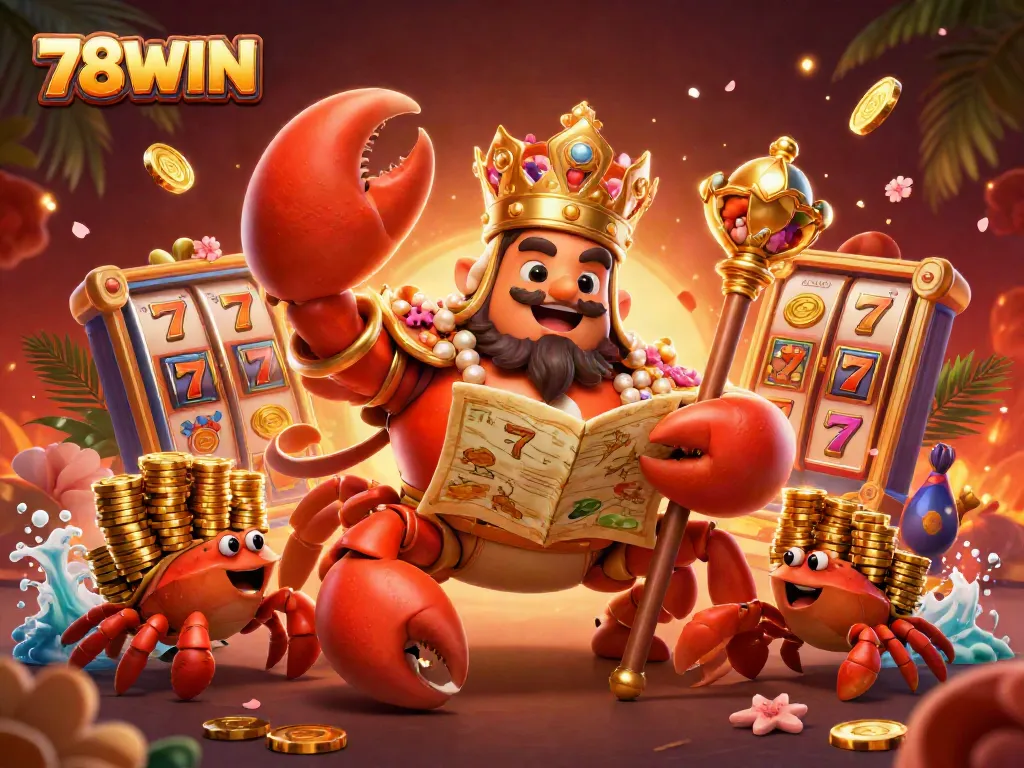 78WIN spins the jackpot with a vibrant crab emperor and treasures, showcasing dynamic gambling elements.