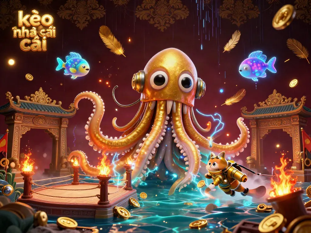 Engage with kèo nhà cái amidst a vibrant scene featuring a colossal kraken, diving cat, and golden treasures swirling around.