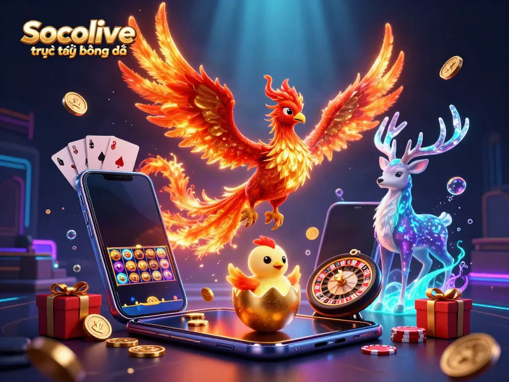 Join the excitement of Socolive trực tiếp bóng đá with a vivid 3D scene featuring a phoenix, gaming elements, and vibrant graphics.