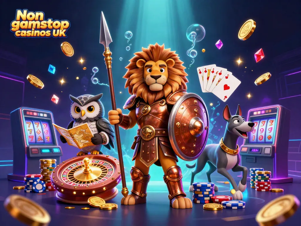 Winning in Non gamstop casinos UK with a Spartan lion, owl, and greyhound amidst vibrant casino elements.