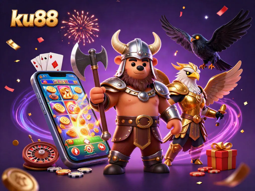 ku88 delivers thrilling gaming adventures with a Viking bear and Valkyrie eagle illustration